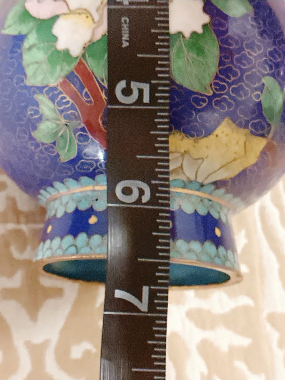 Vintage Blue Cloisonné Floral Vase with White and Green Accents